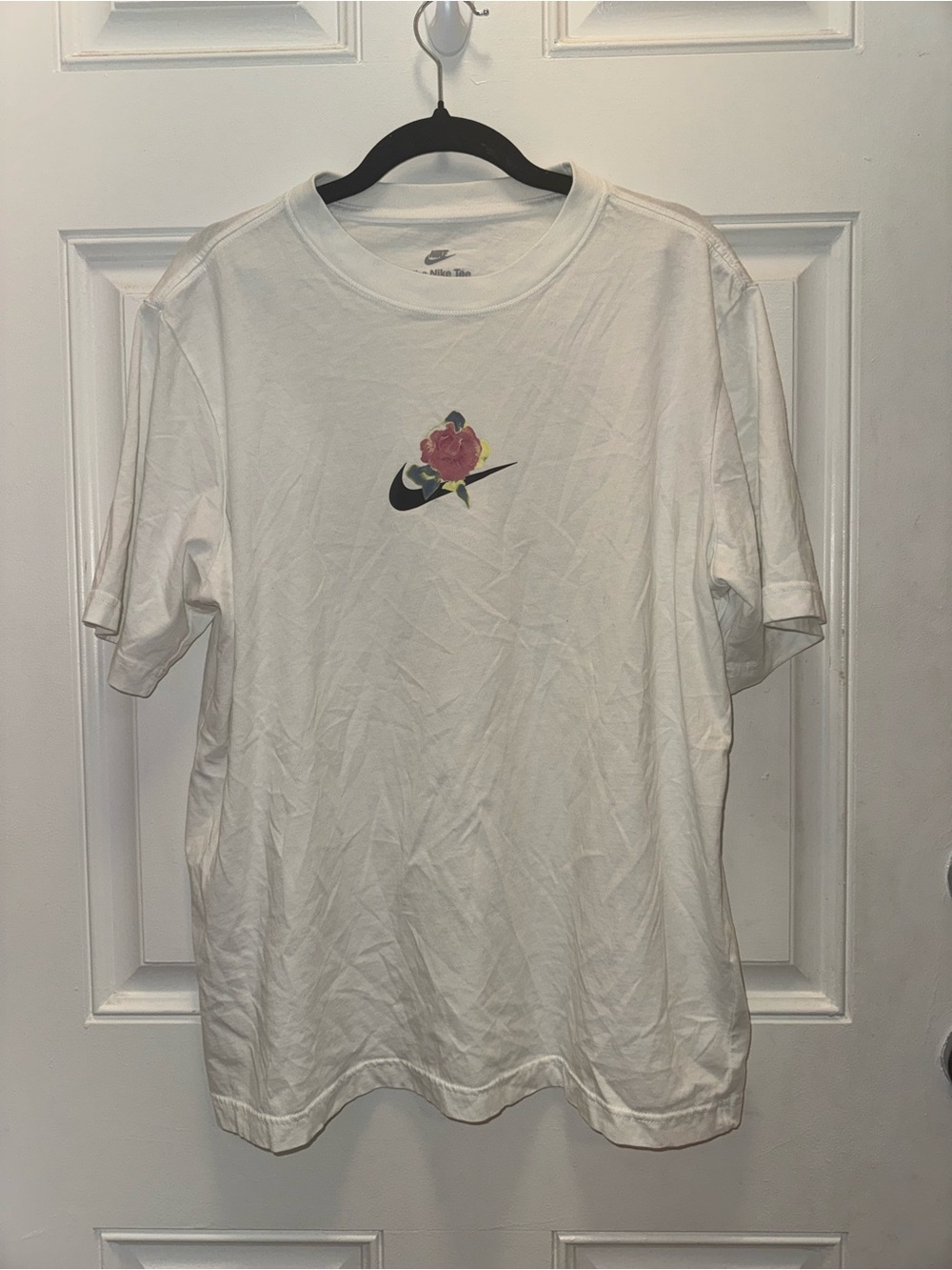 Nike White Short Sleeve Tee with Pink Rose Swoosh Logo